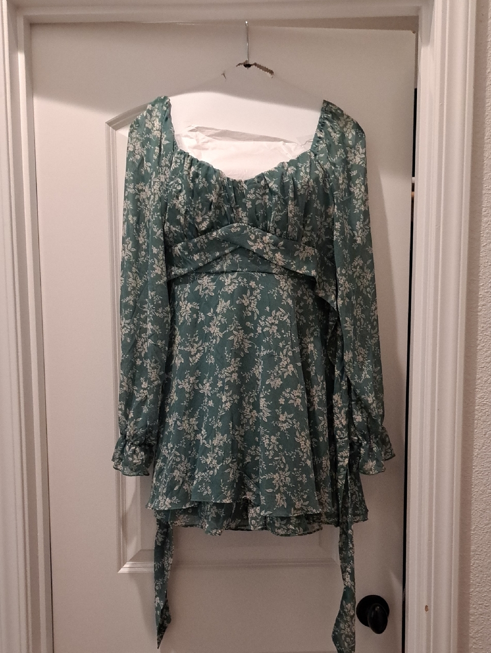 Teal Floral Peasant Sleeve Dress with Ruching and Tie Waist